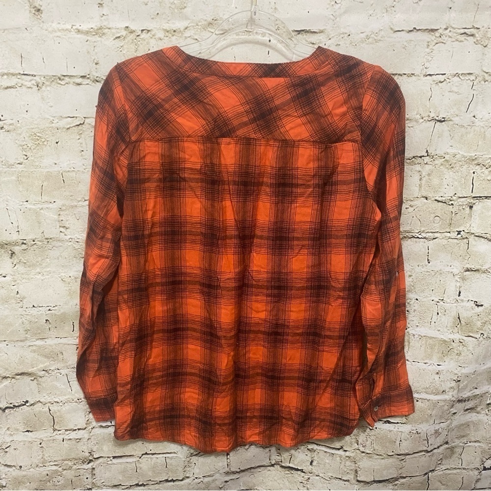 Rebecca Malone Orange Black Plaid V Neck Tab Sleeve Popover Top - Picture 4 of 6